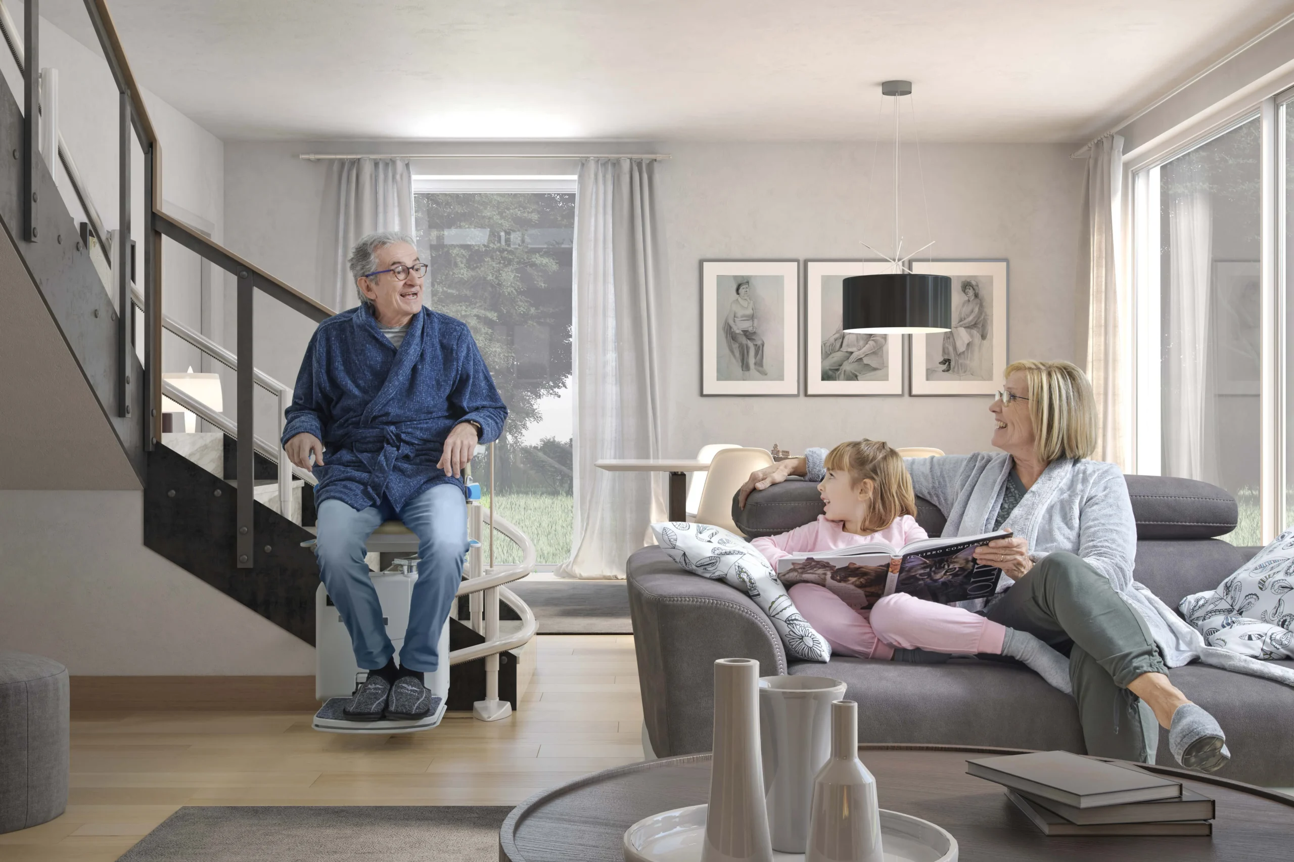 Handicare_2000_family_and_grand_child_3_HR Happy grandparent simling at child and daughter using stairlift safely in a South West home